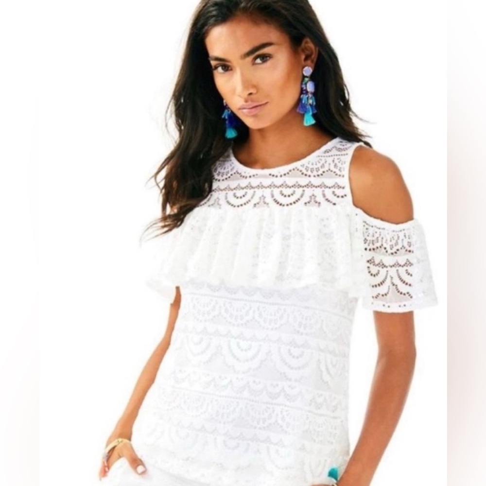 Lilly Pulitzer Small Lyra Top Resort White Scalloped Stripe Lace Cold Shoulder